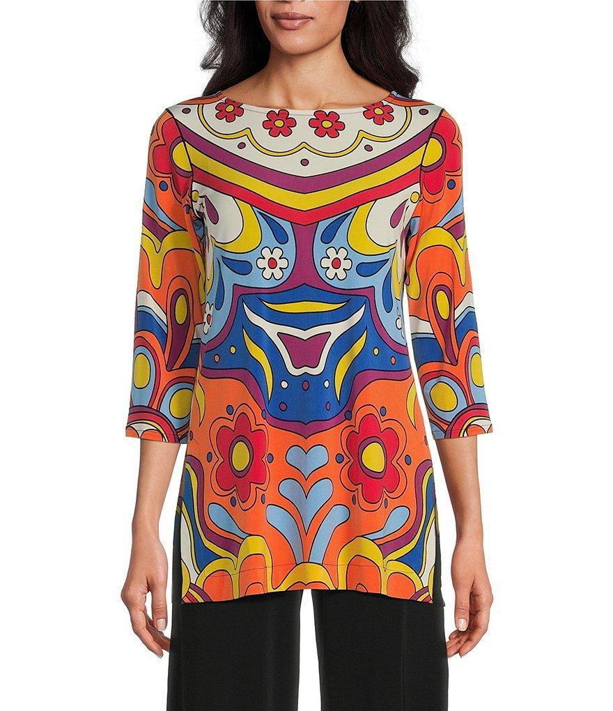 Eva Varro Knit Jersey Mod Floral Print Boat Neck 3/4 Sleeve Side Slit Tunic Product Image