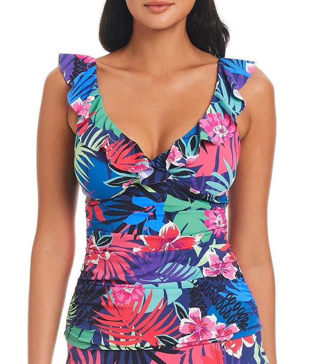 Bleu Rod Beattie Hawaiian Punch Floral Print Surplice V-Neck Ruffle Shirred Tankini Swim Top Product Image