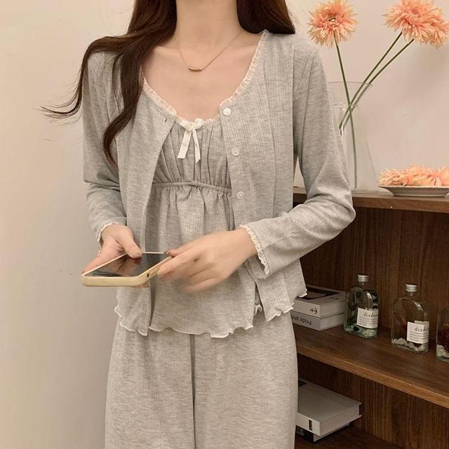 Pajama Set: V-Neck Lace Trim Shirred Camisole Top + Pants + Button-Up Jacket Product Image