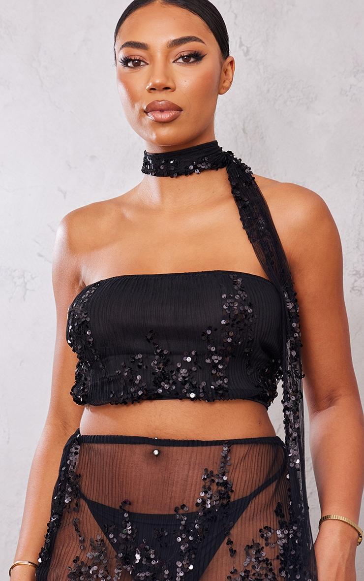 Tall Black Sequin Detail Bandeau Crop Top Product Image