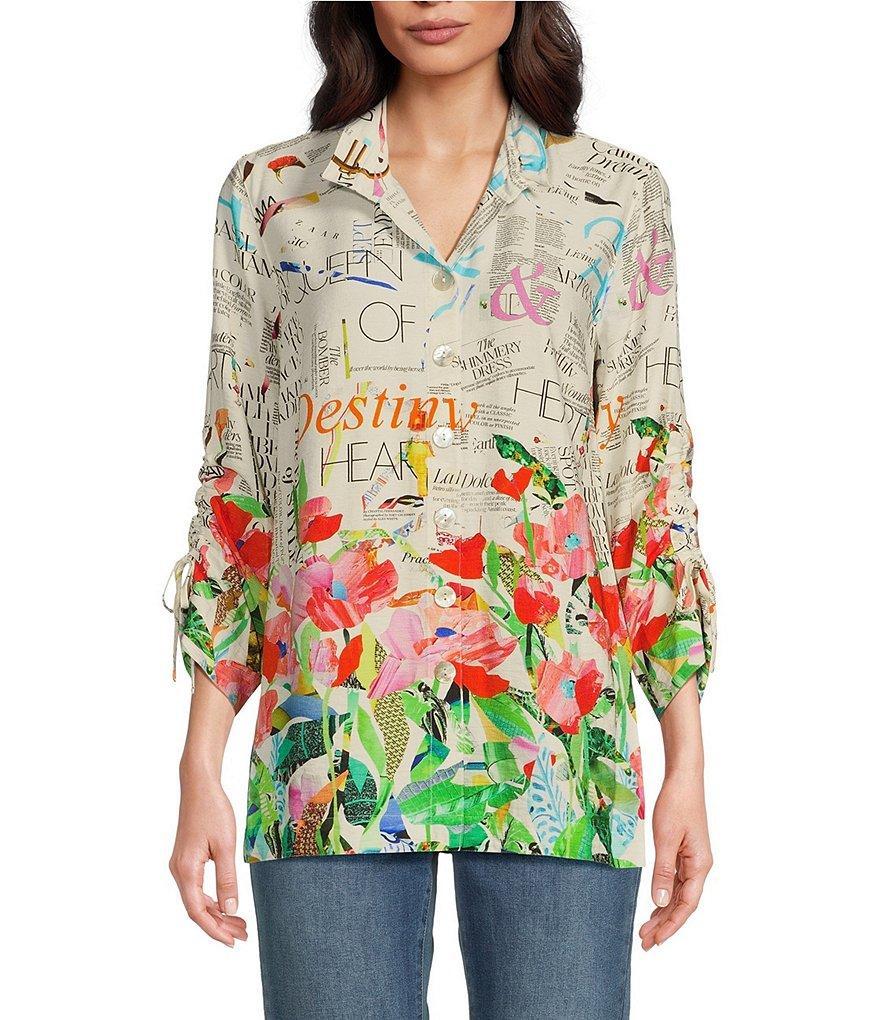 John Mark Novelty Floral Print Collar Neck 3/4 Sleeve Button Front Top Product Image