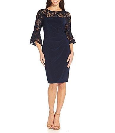 Adrianna Papell Sequin Lace 34 Bell Sleeve Round Illusion Neck Jersey Side Draped Sheath Dress Product Image