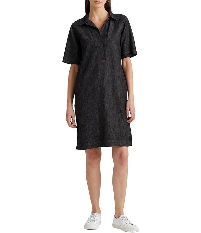 Lauren Ralph Lauren Denim Shift Johnny Collar Short Sleeve Shirt Dress Product Image