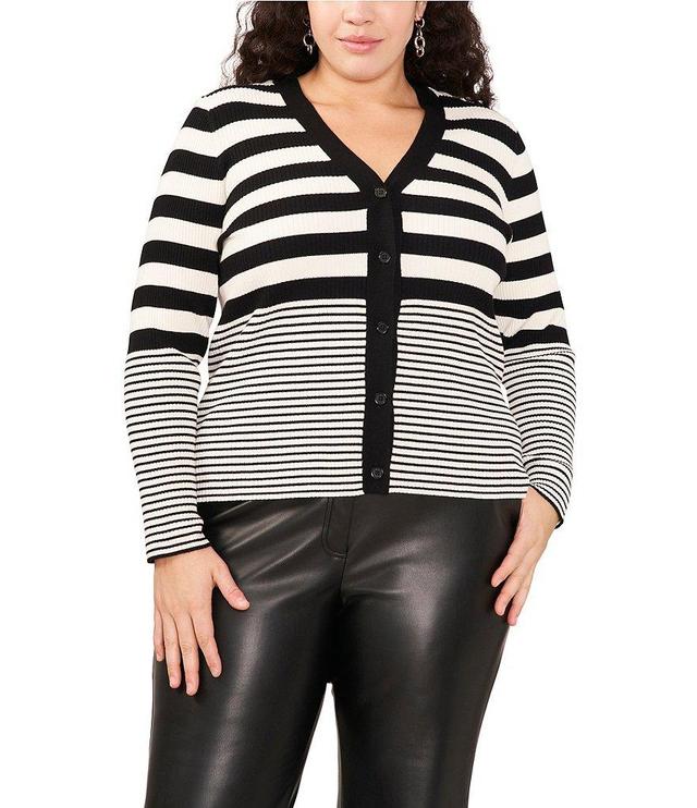 Vince Camuto Plus Size Striped Ribbed Knit V-Neck Long Sleeve Button Front Cardigan Product Image