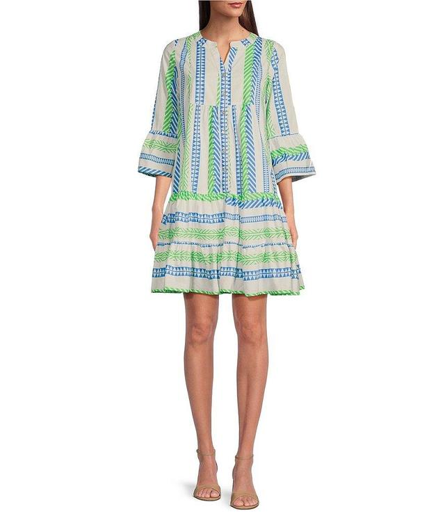 Calessa Geometric Stripe Banded V-Neck 3/4 Bell Sleeve Button Front A-Line Dress Product Image