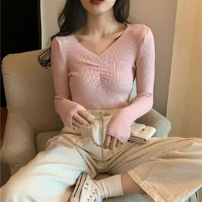 V-Neck Long Sleeve Plain Ribbed Knitted Top Product Image