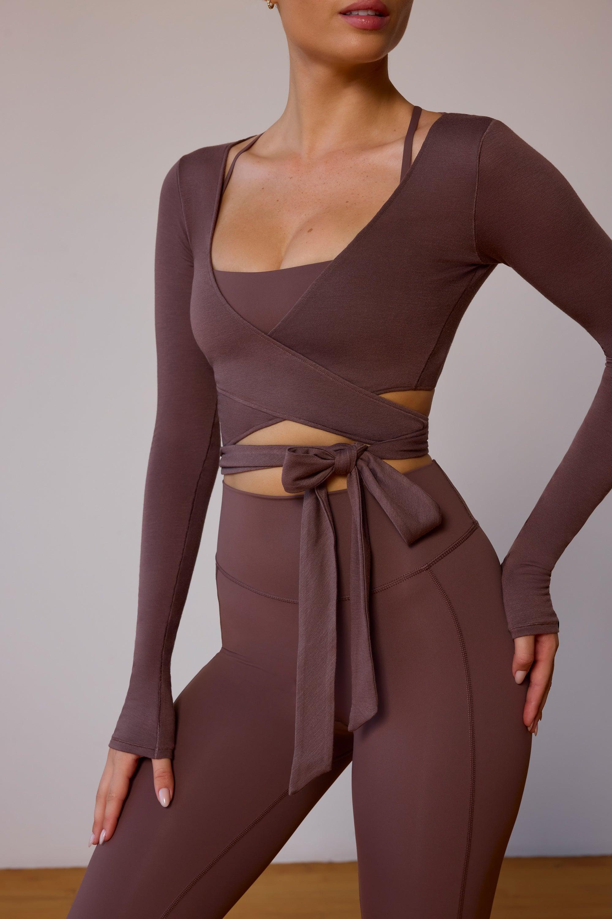 Long-Sleeve Wrap Crop Top in Taupe Brown Product Image