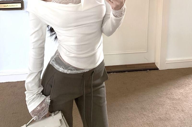 Mock Two-Piece Long-Sleeve Cowl Neck Plain Lace Panel Crop Slim Fit T-Shirt Product Image