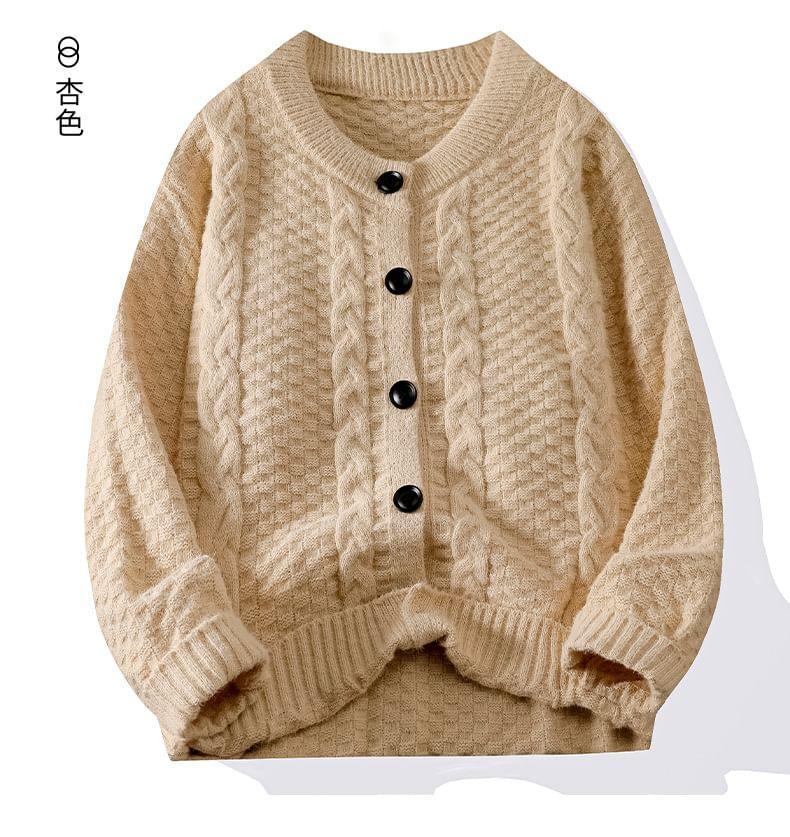 Crew Neck Plain Cable Knit Button-Up Cardigan Product Image