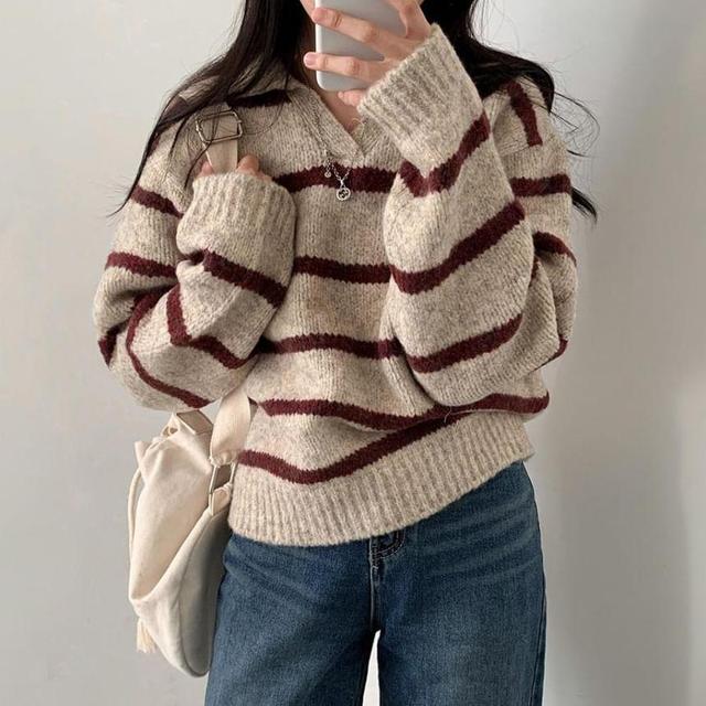 Long-Sleeve V-Neck Striped Collared Sweater Product Image