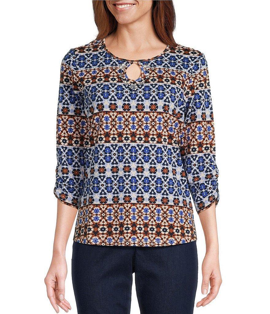 Allison Daley Floral Batik Print 3/4 Ruched Sleeve Keyhole Neck Knit Top Product Image