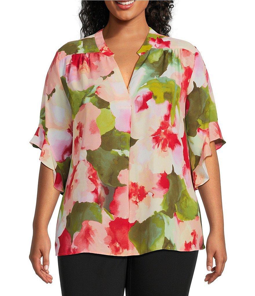 Investments Plus Size Laikyn Signature Floral Wash Print V-Neck 3/4 Ruffled Sleeve Top Product Image