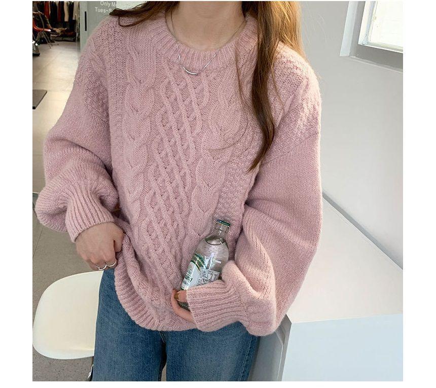 Long-Sleeve Plain Cable Knit Sweater Product Image