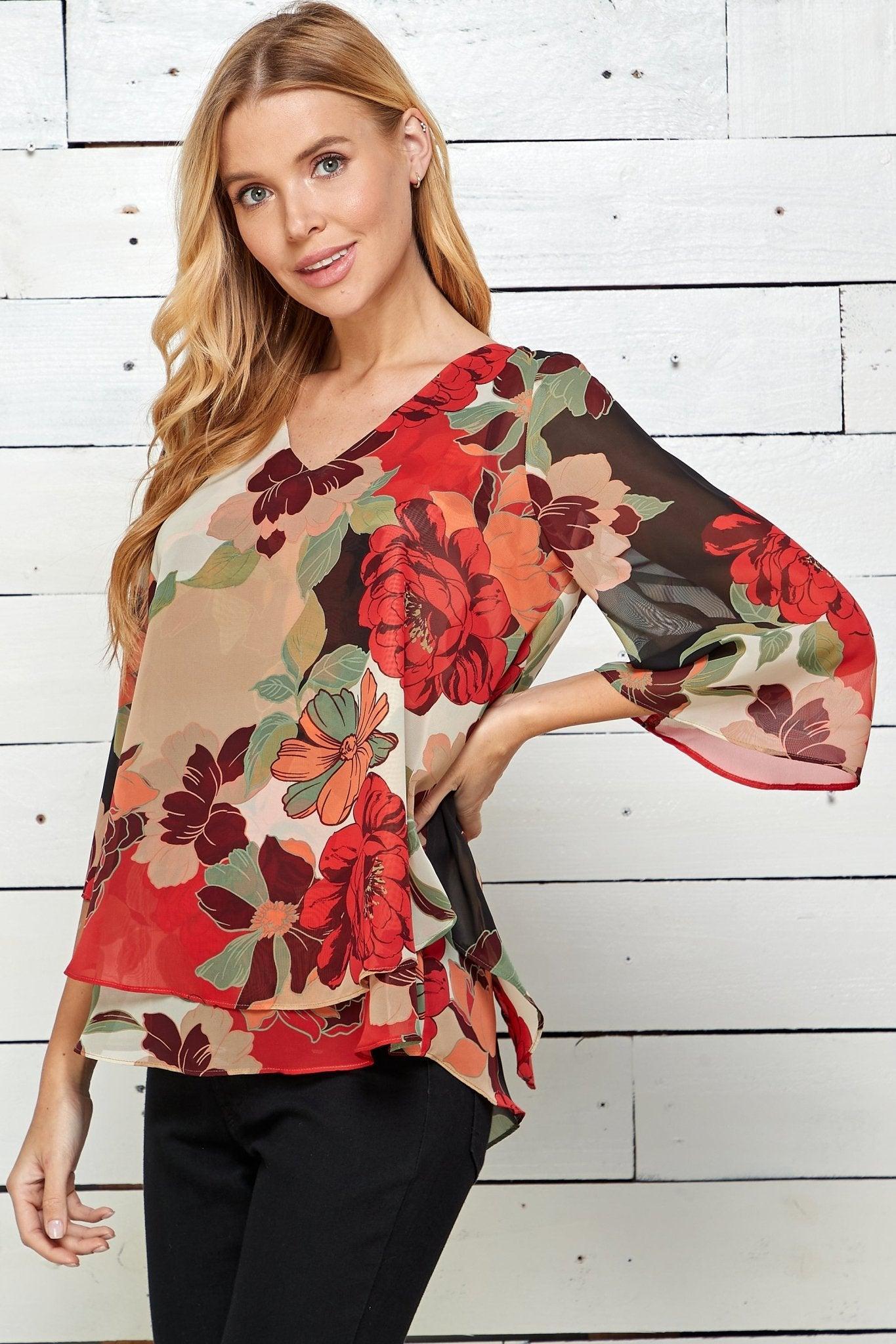 Red Floral 3/4 Sleeve Double Layer Split Back Blouse Product Image