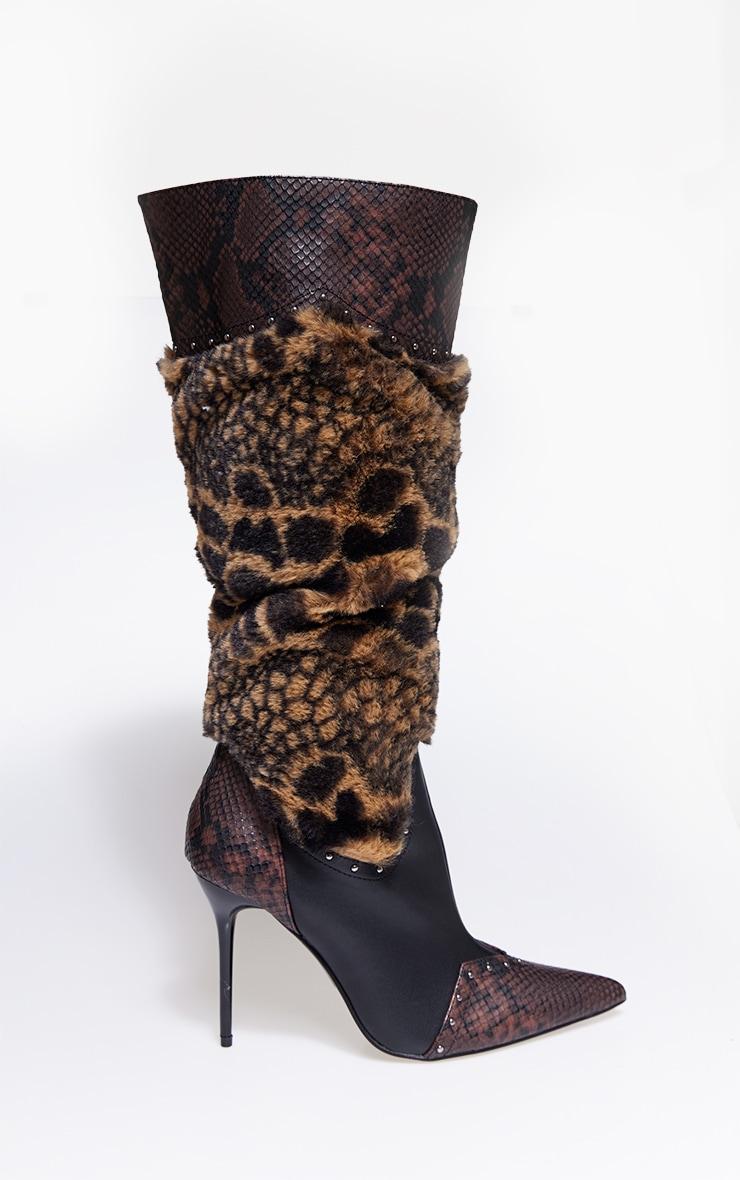 Brown Wide Fit Croc PU Faux Fur Point Toe Knee High Stiletto Heeled Boots product image