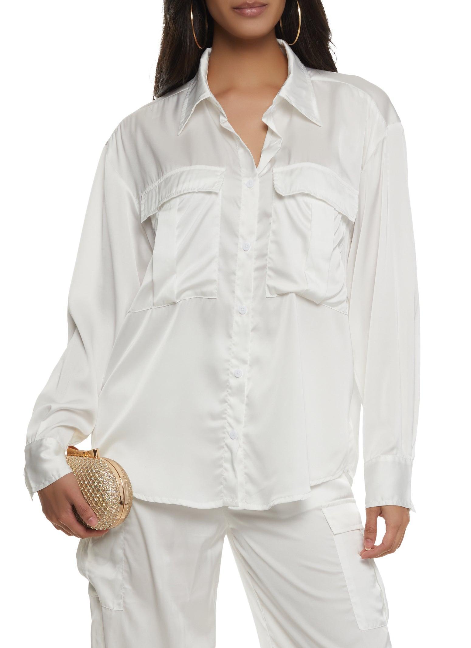 Womens Satin Button Front Cargo Pocket Shirt product image