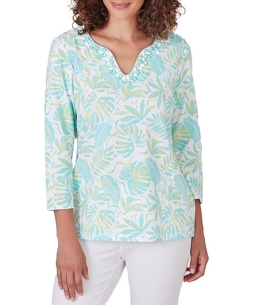 Ruby Rd. Knit Embellished Tropical Print Split V-Neck Bracelet Length Sleeve Top Product Image