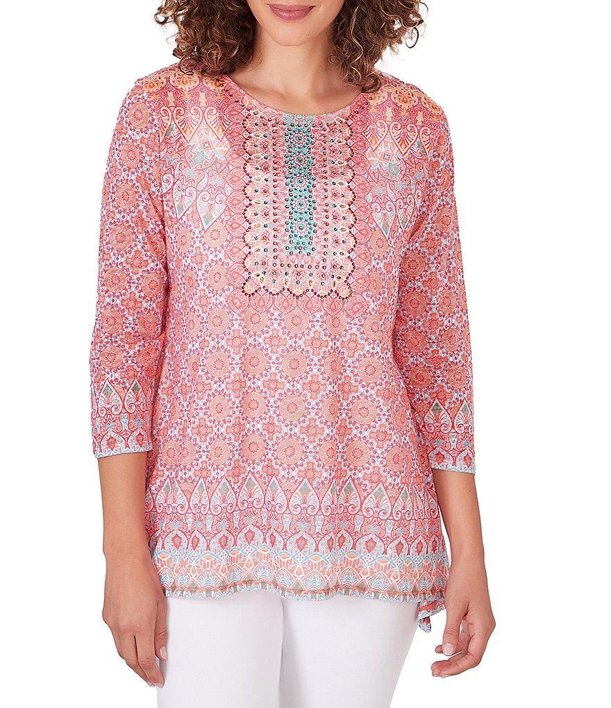 Ruby Rd. Petite Size Knit Embroidered Geo Border Print Embellished Scoop Neck 3/4 Sleeve Top Product Image