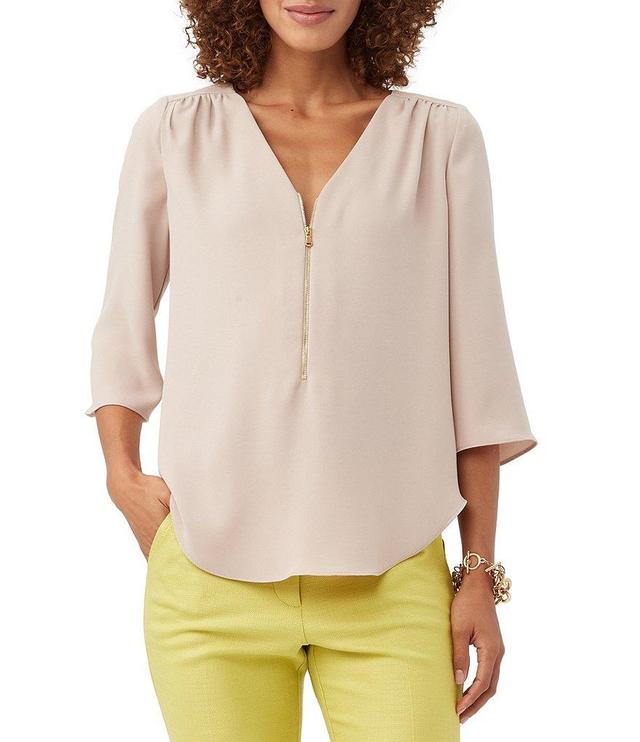 Trina Turk Tamarac Silky Satin Crepe Gathered Shoulder Zip Front V-Neck 3/4 Sleeve Blouse Product Image