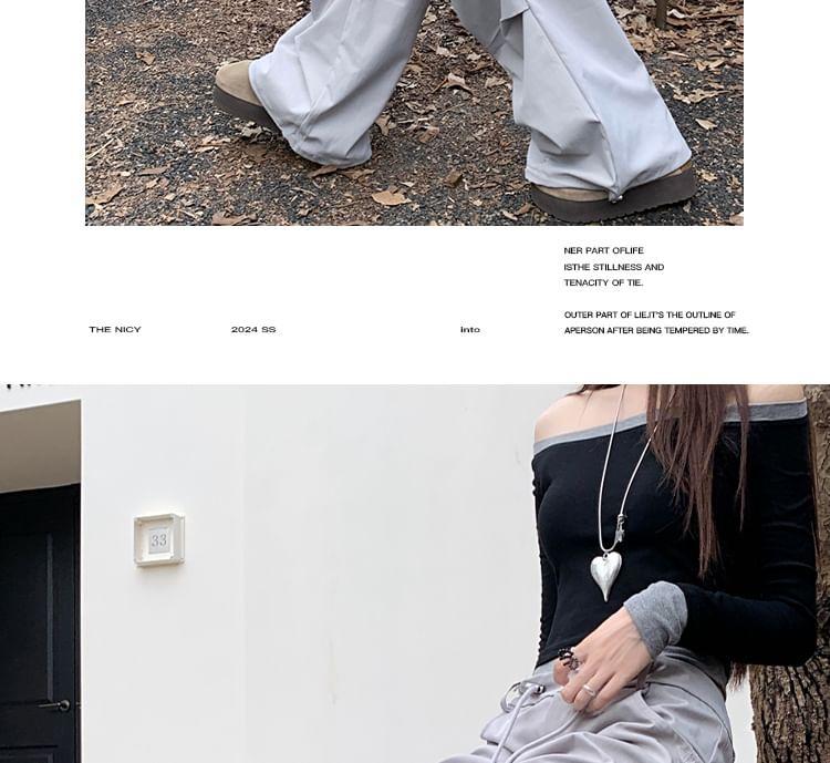 Drawstring Waist Plain Wide Leg Cargo Pants Product Image