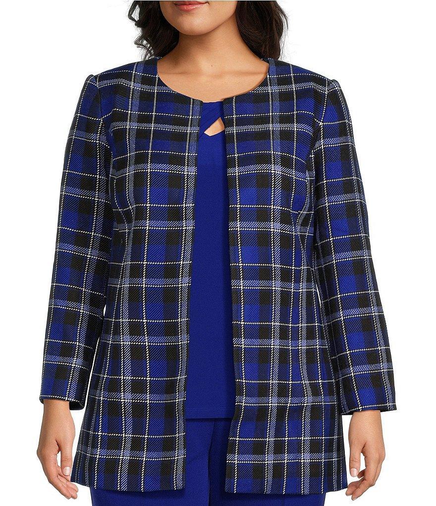 Kasper Plus Size Plaid Collarless Open Front Long Sleeve Topper Jacket Product Image