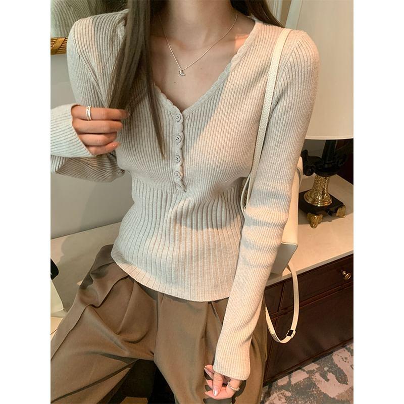 Long-Sleeve V-Neck Plain Half-Buttoned Slim Fit Knit Top Product Image