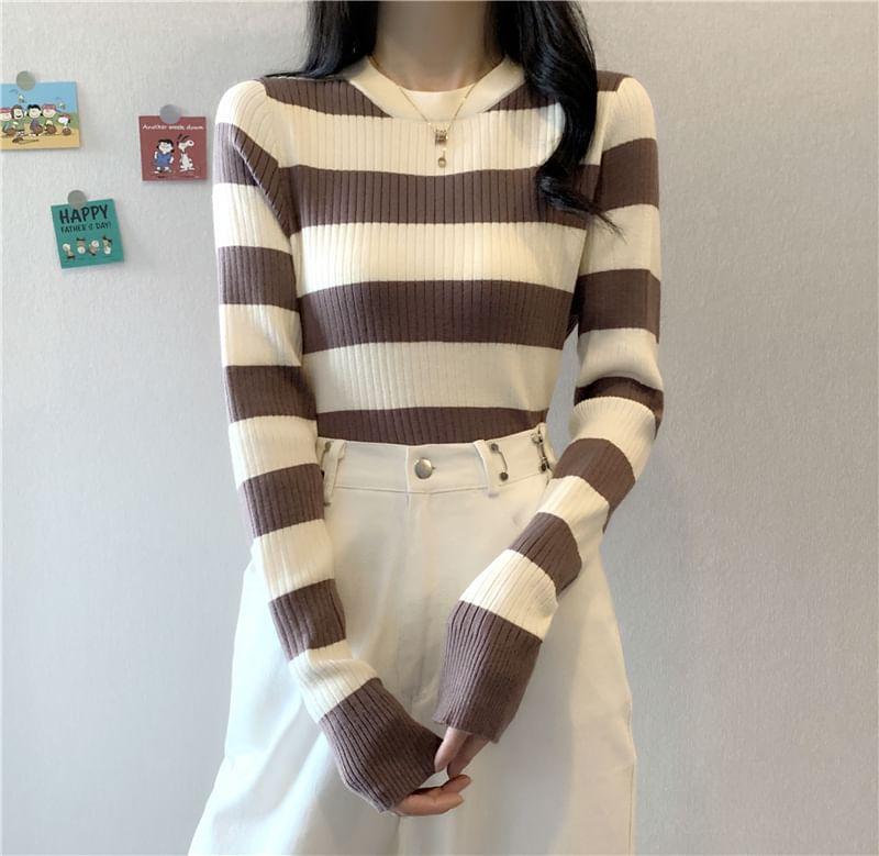 Round Neck Striped Ribbed Sweater Product Image