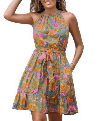 Women's Pink & Orange Halterneck Mini Beach Dress Product Image