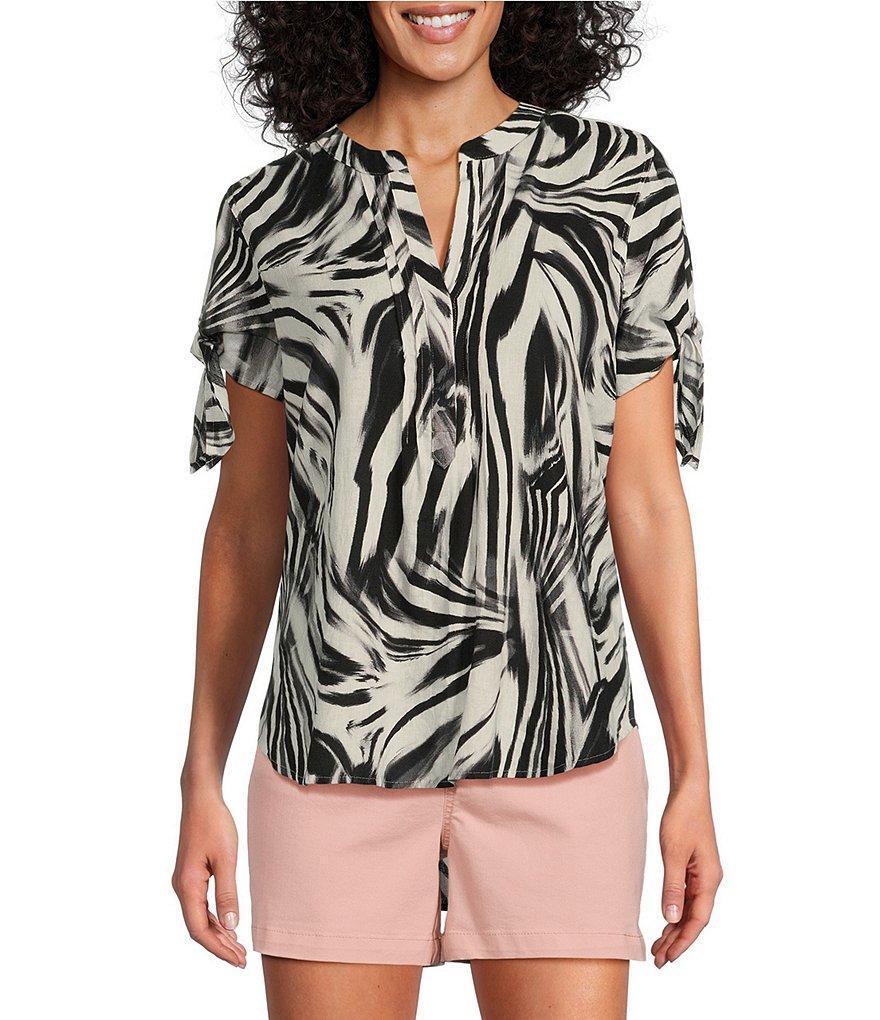 Westbound Zebra Printed Tie Short Sleeve Y-Neck Top Product Image