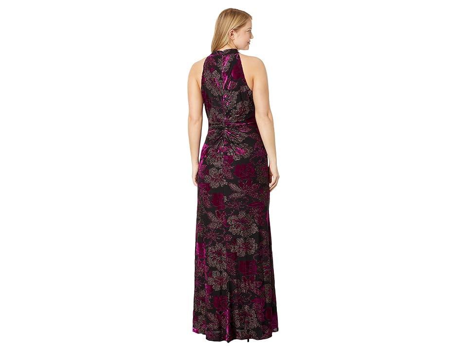 Adrianna Papell Metallic Velvet Long Halter Gown Violet) Women's Dress Product Image