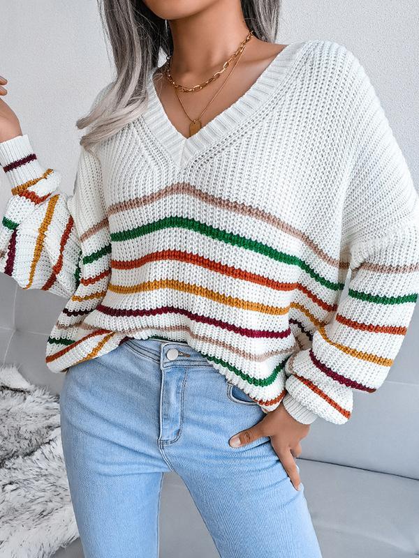 Long Sleeves Loose Contrast Color Split-Joint Striped V-Neck Pullovers Sweater Tops Product Image