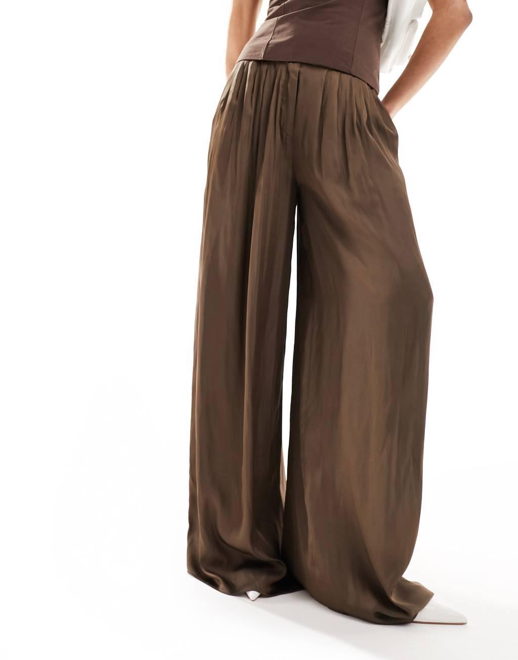 Lioness satin palazzo pants in brown Product Image