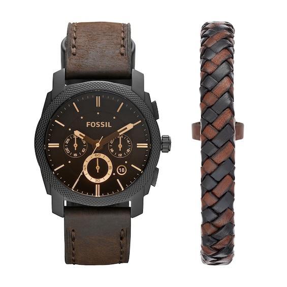 Fossil Machine Chronograph Dark Brown Leather Watch and Bracelet Box Set 42mm Product Image