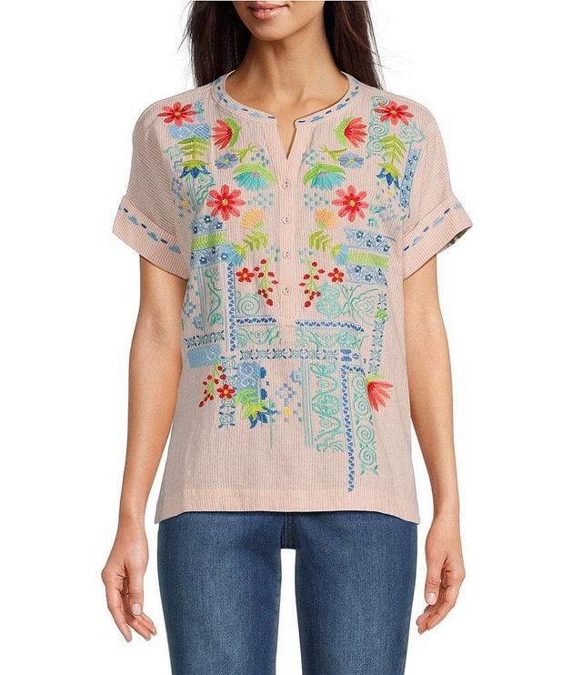 Tru Luxe Jeans Floral Embroidered Short Sleeve Henley Top Product Image