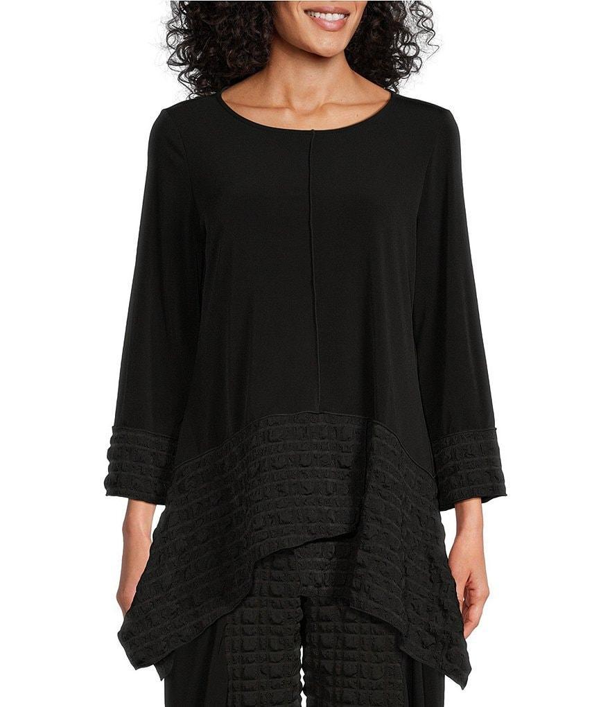 IC Collection Double Textured Puckered Ity Knit Scoop Neck 3/4 Sleeve Asymmetrical Coordinating Tunic Product Image