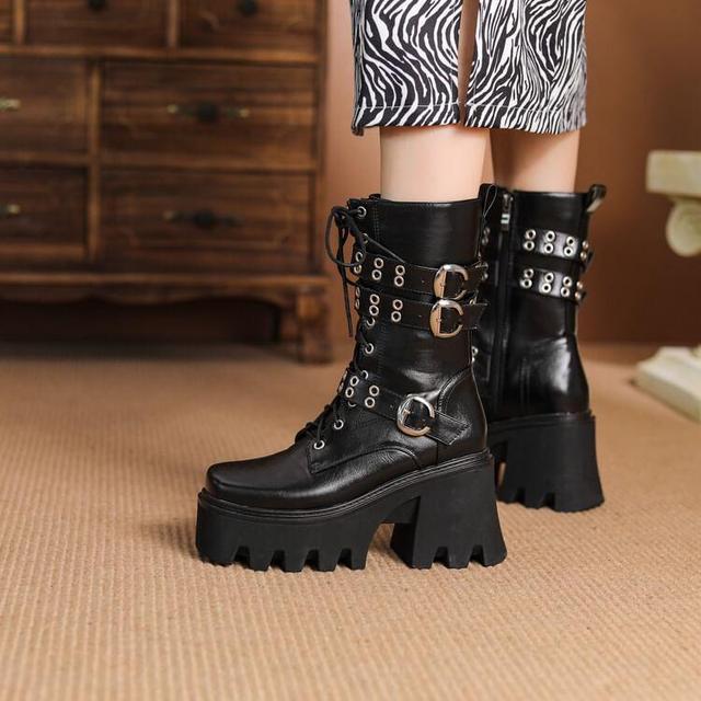 Platform Block Heel Lace-Up Mid Calf Boots Product Image