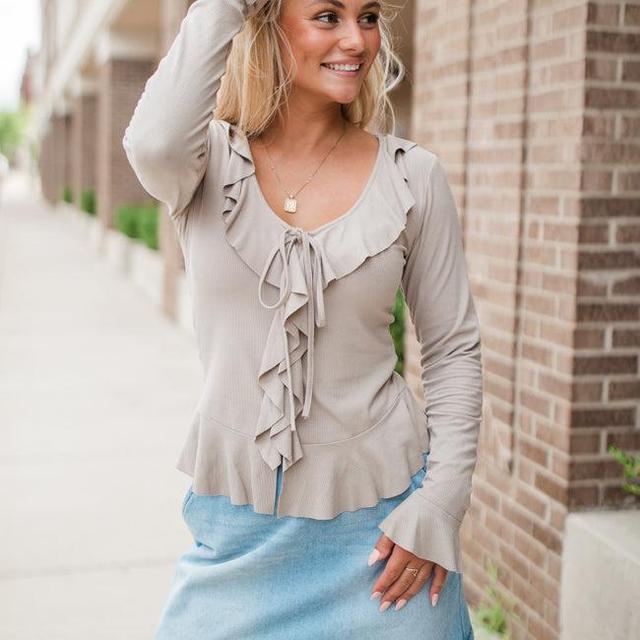 Treat You The Same Beige Ruffle Detail Ribbed Blouse Product Image