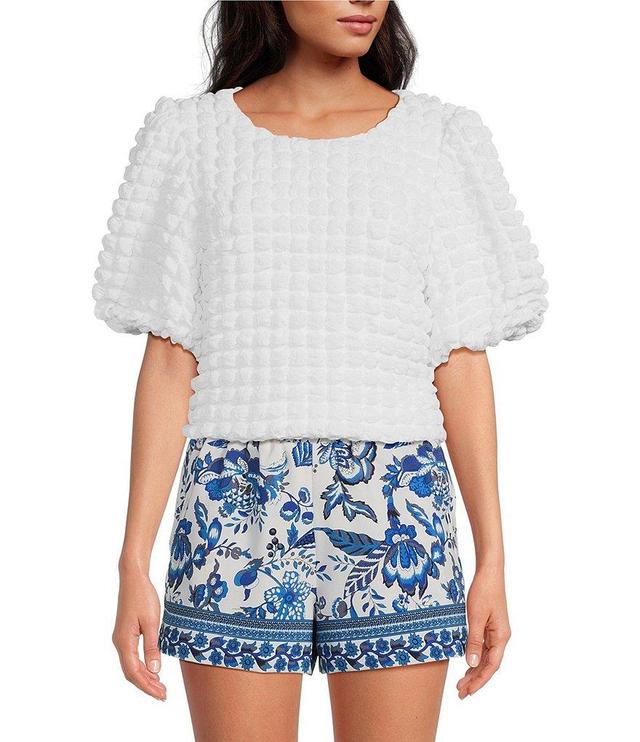 Sugarlips Crew Neck Short Puff Sleeve Textured Bubble Crop Top Product Image