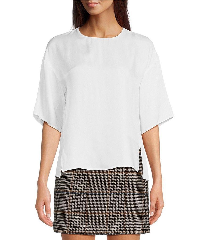 Le' AL.X Woven Crew Neck Dropped Short Sleeve Split Hem Blouse Product Image