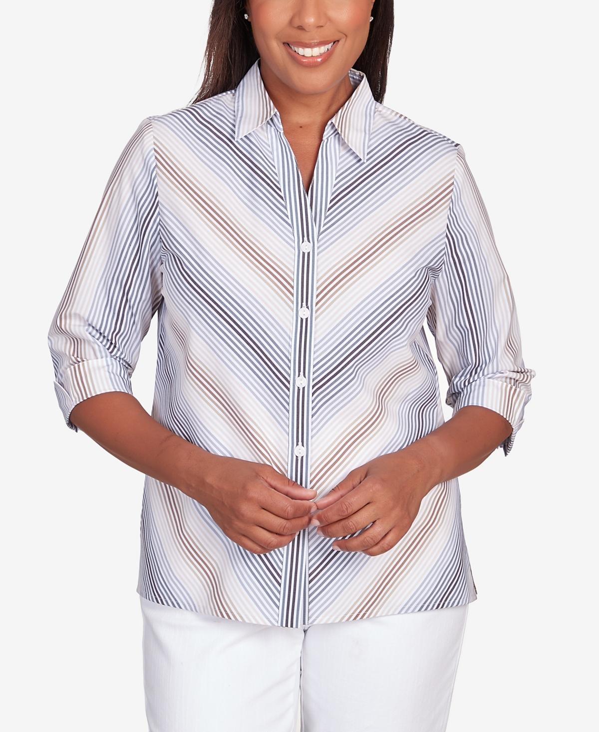 Petite Alfred Dunner Chevron Stripe Button Down Top, Womens Dark Blue Product Image