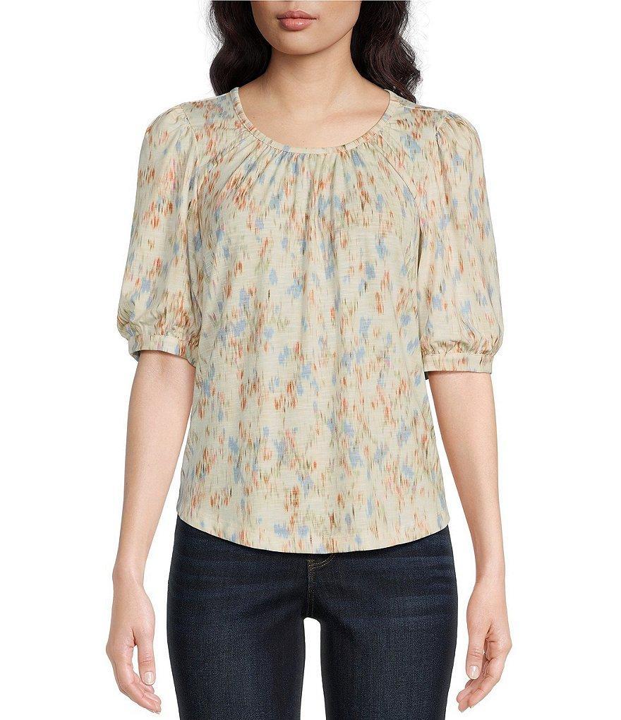 Democracy Ditsy Print Ruched Crew Neck Elbow Length Sleeve Top Product Image