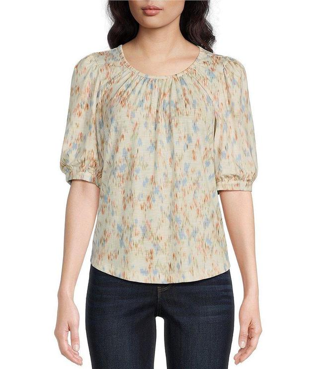 Democracy Ditsy Print Ruched Crew Neck Elbow Length Sleeve Top Product Image