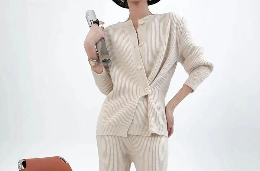 Set: Crew Neck Plain Ribbed Button-Up Slit Cardigan + Elastic Waist Knit Wide Leg Pants Product Image