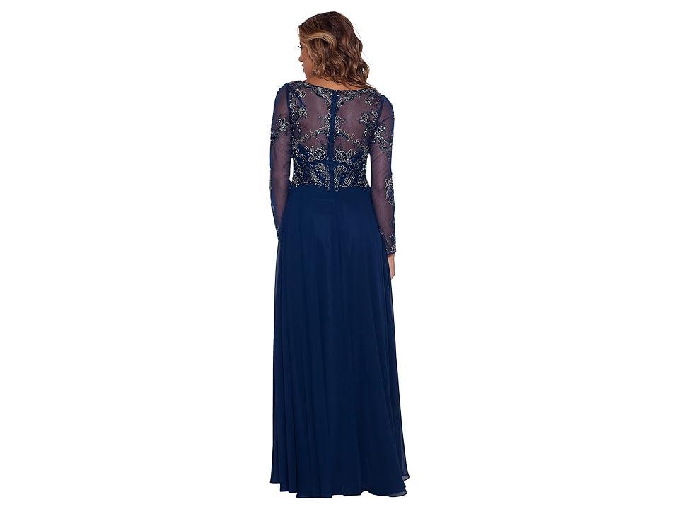 XSCAPE Long Sleeve Long Chiffon Skirt with Bead Top (Navy/Antique) Women's Evening Product Image