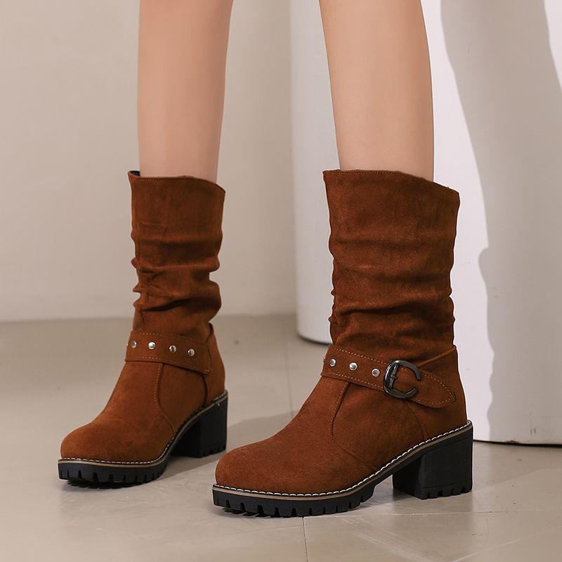 Block Heel Buckled Mid-Calf Boots product image