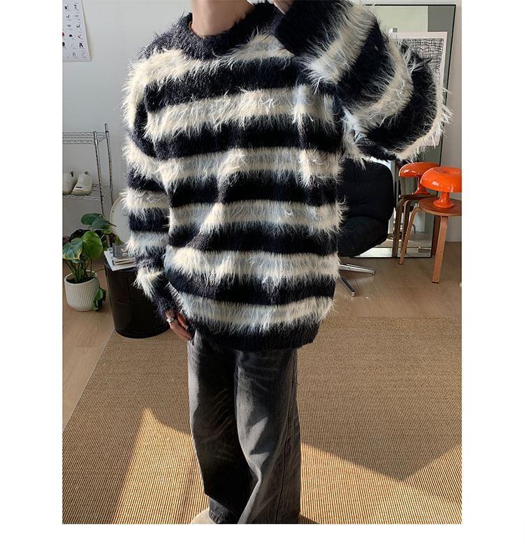 Crew Neck Striped Fluffy Sweater Product Image