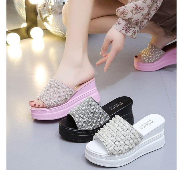 Faux Pearl Platform Wedge Slide Sandals Product Image