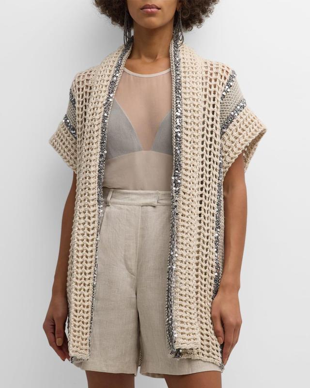 Womens Dazzling Stripe Net Knit Cardigan In Jute, Linen, Cotton And Silk With Belt Product Image