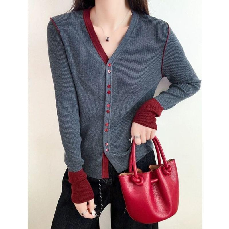 V-Neck Two Tone Ribbed Cardigan Product Image