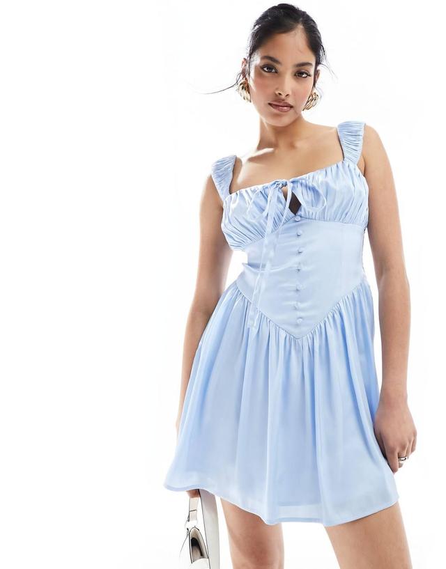 ASOS DESIGN button through corset satin mini with gathered bust in light blue Product Image